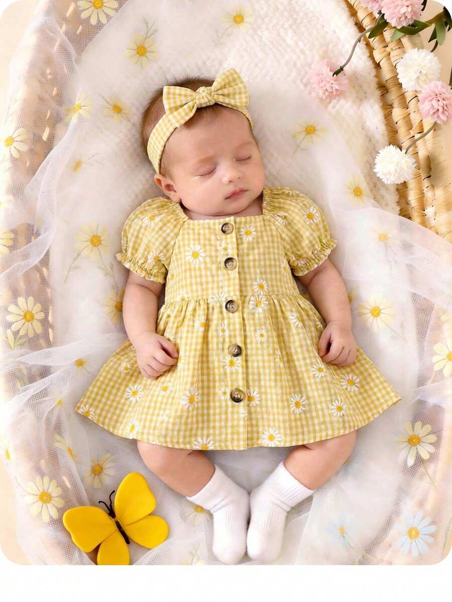 Baby Floral Bubble Sleeve Yellow Dress for Cute Summer Vacation Wear