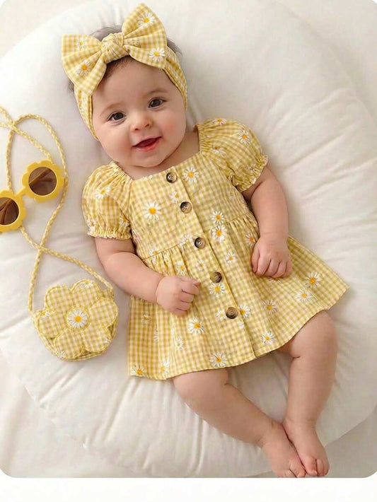 Baby Floral Bubble Sleeve Yellow Dress for Cute Summer Vacation Wear