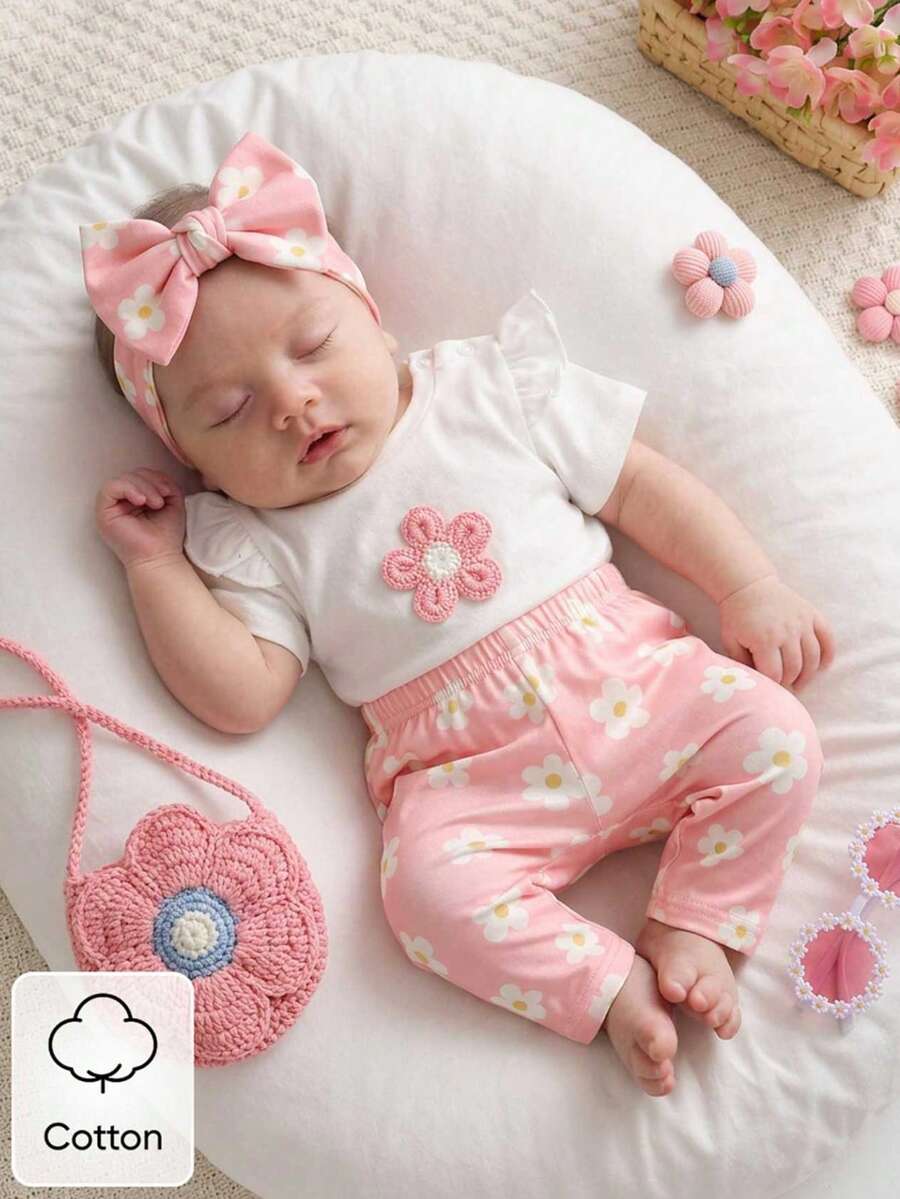 Baby Girl Strawberry Print T Shirt and Pants Set for Cute Summer Daily Wear