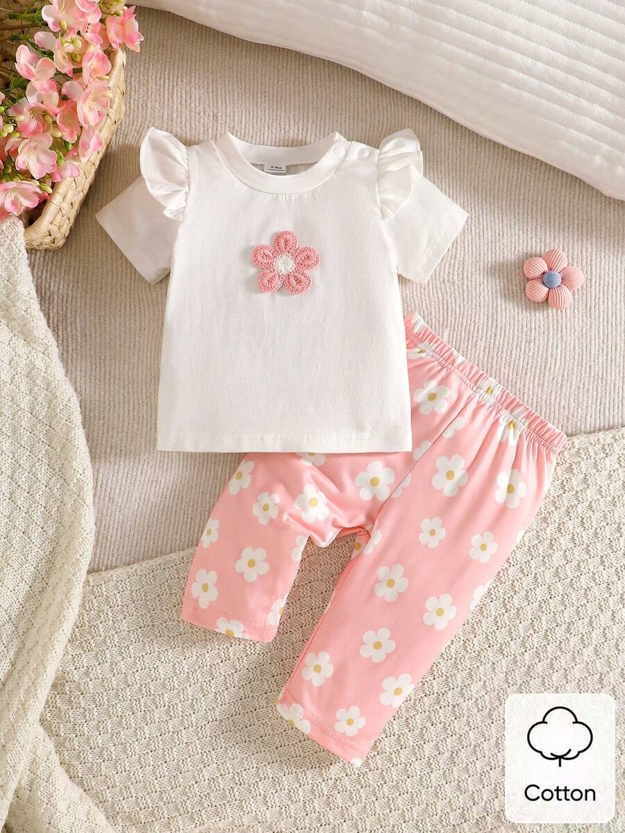 Baby Girl Strawberry Print T Shirt and Pants Set for Cute Summer Daily Wear