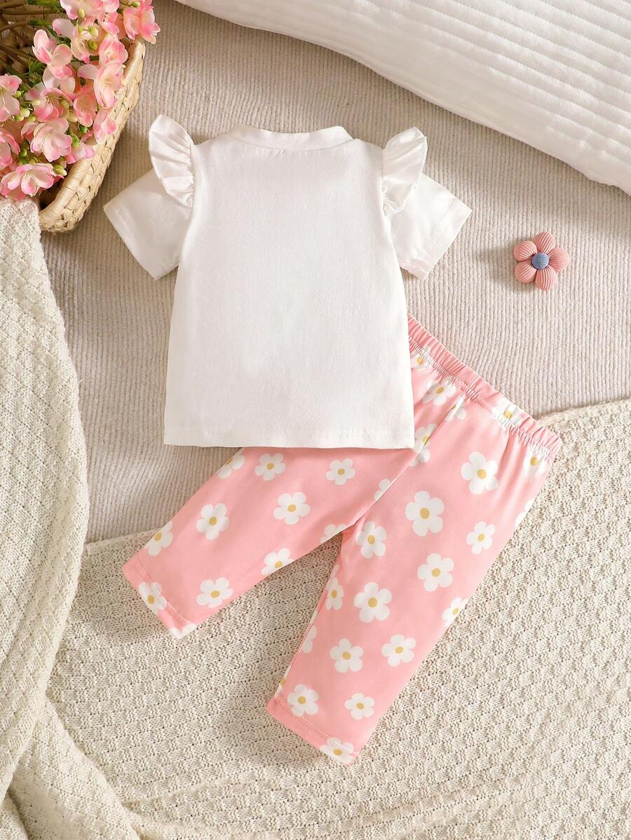 Baby Girl Strawberry Print T Shirt and Pants Set for Cute Summer Daily Wear