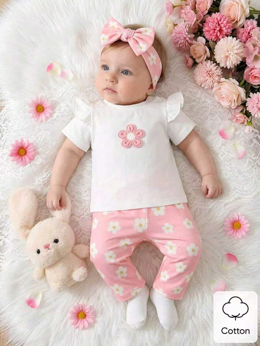 Baby Girl Strawberry Print T Shirt and Pants Set for Cute Summer Daily Wear