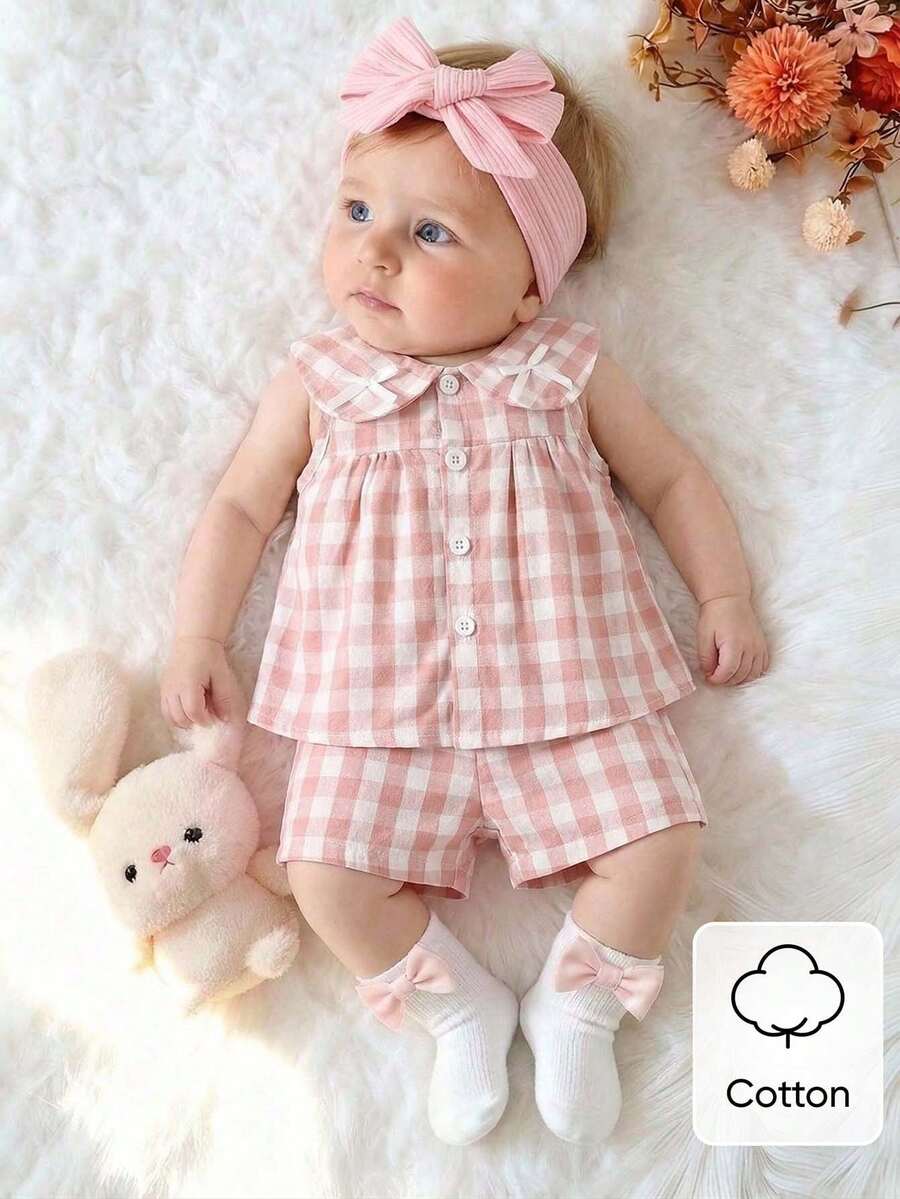 Baby Green Gingham Daisy Print Outfit Set for Cute Summer Daily Wear and Outings