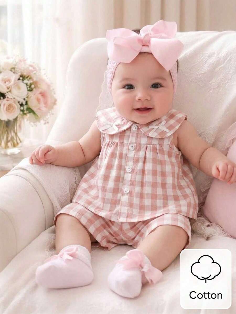 Baby Green Gingham Daisy Print Outfit Set for Cute Summer Daily Wear and Outings