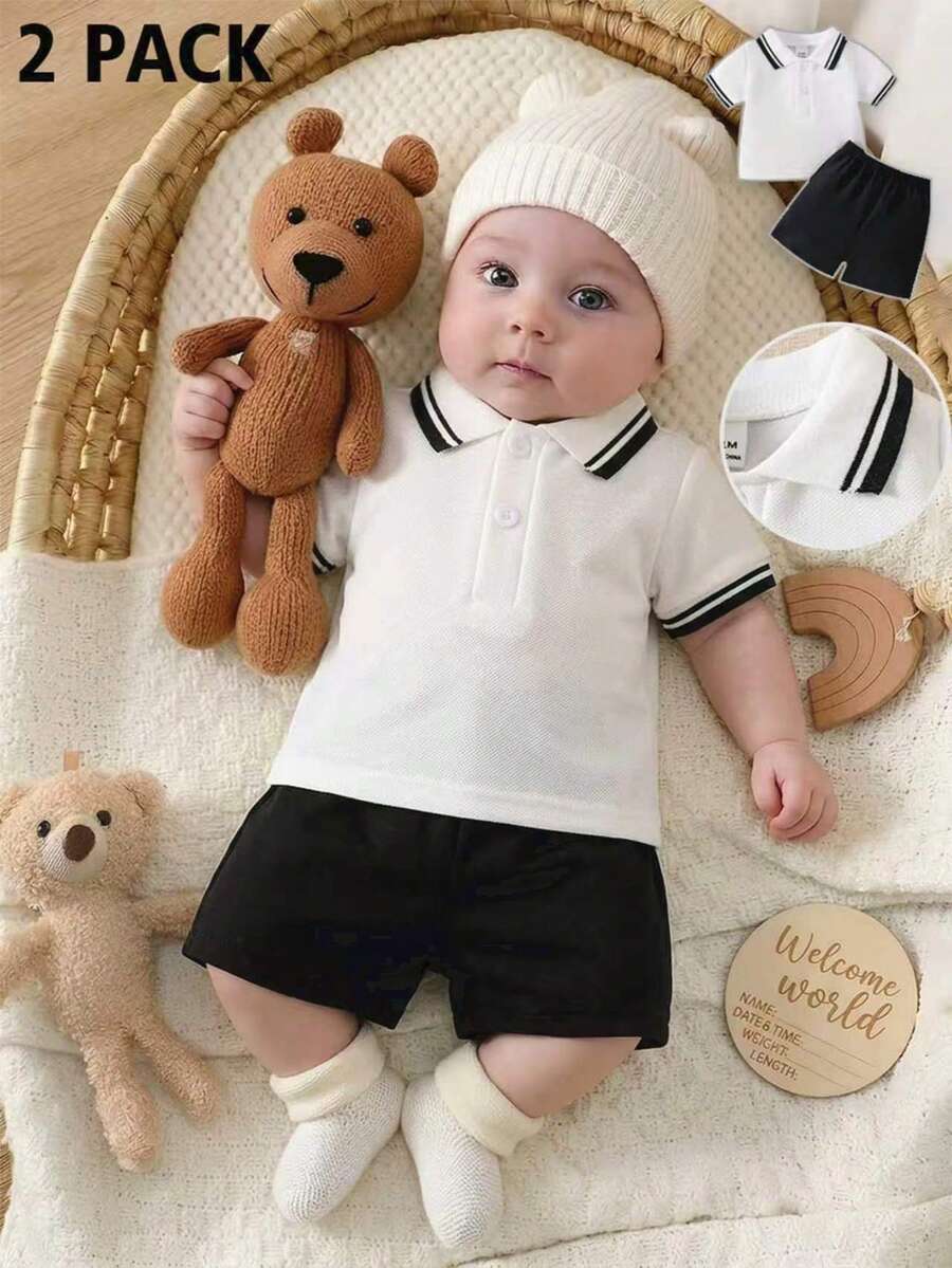 2PCS Baby Knitted Jacquard Shirt and Shorts Set for Casual Summer Outings