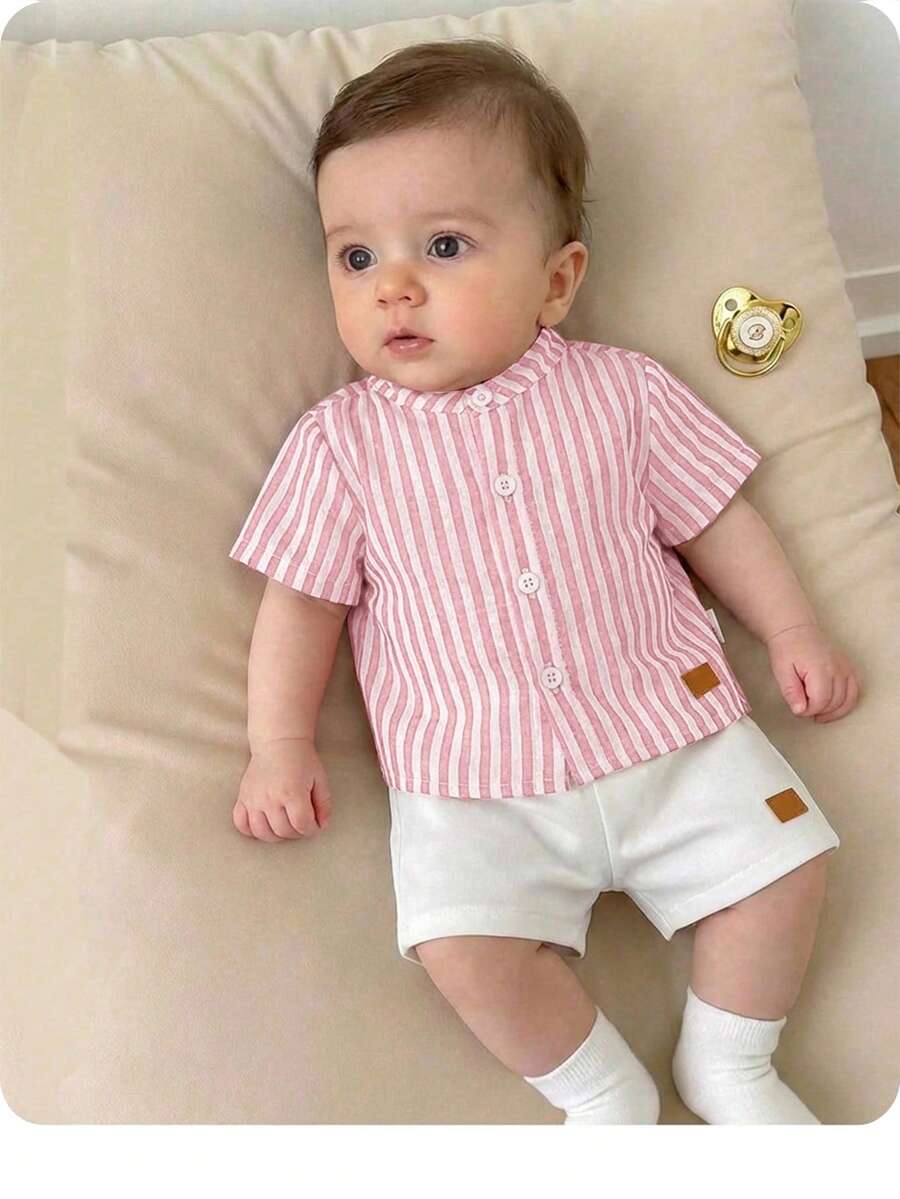 Striped Short Sleeve Shirt and Elastic Waist Shorts Set for Cute Summer Daily Wear