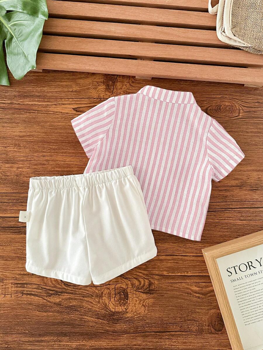 Striped Short Sleeve Shirt and Elastic Waist Shorts Set for Cute Summer Daily Wear