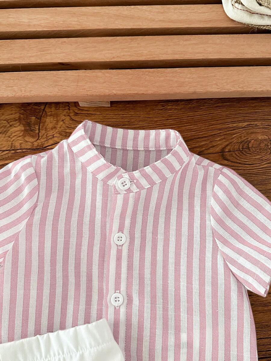Striped Short Sleeve Shirt and Elastic Waist Shorts Set for Cute Summer Daily Wear