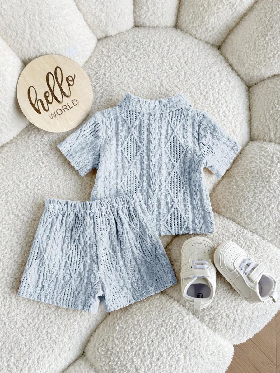 Baby Boy 2pcs Knit Jacquard Summer Set - Short Sleeve Shirt & Elastic Shorts