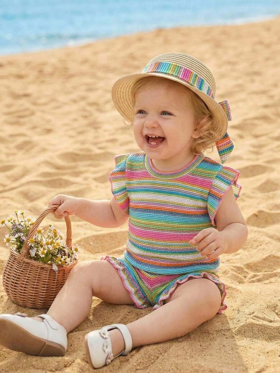 Baby Girl Black & White Striped Ruffle Sleeve T-Shirt & Shorts Set