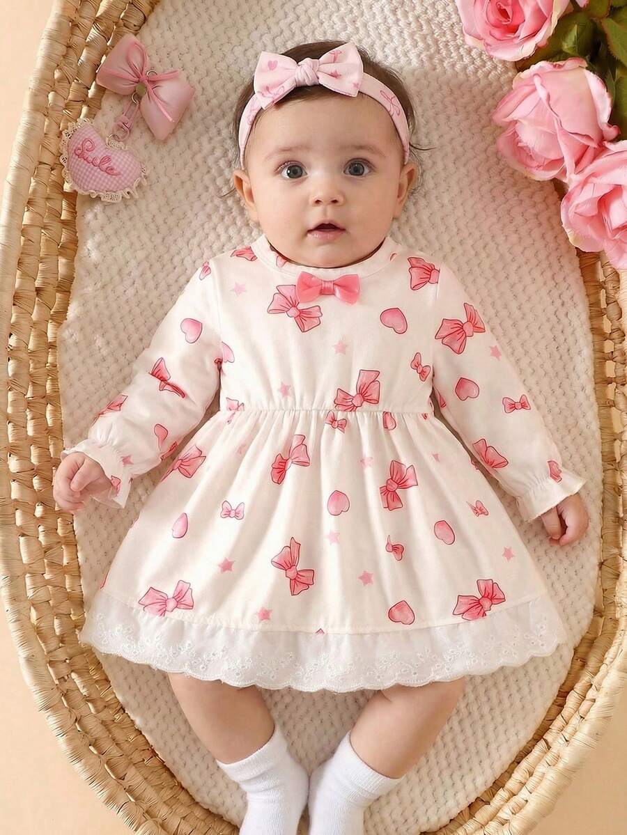 Baby Pink Heart Knit Dress with 3D Bow for Cute Daily and Outdoor Wear