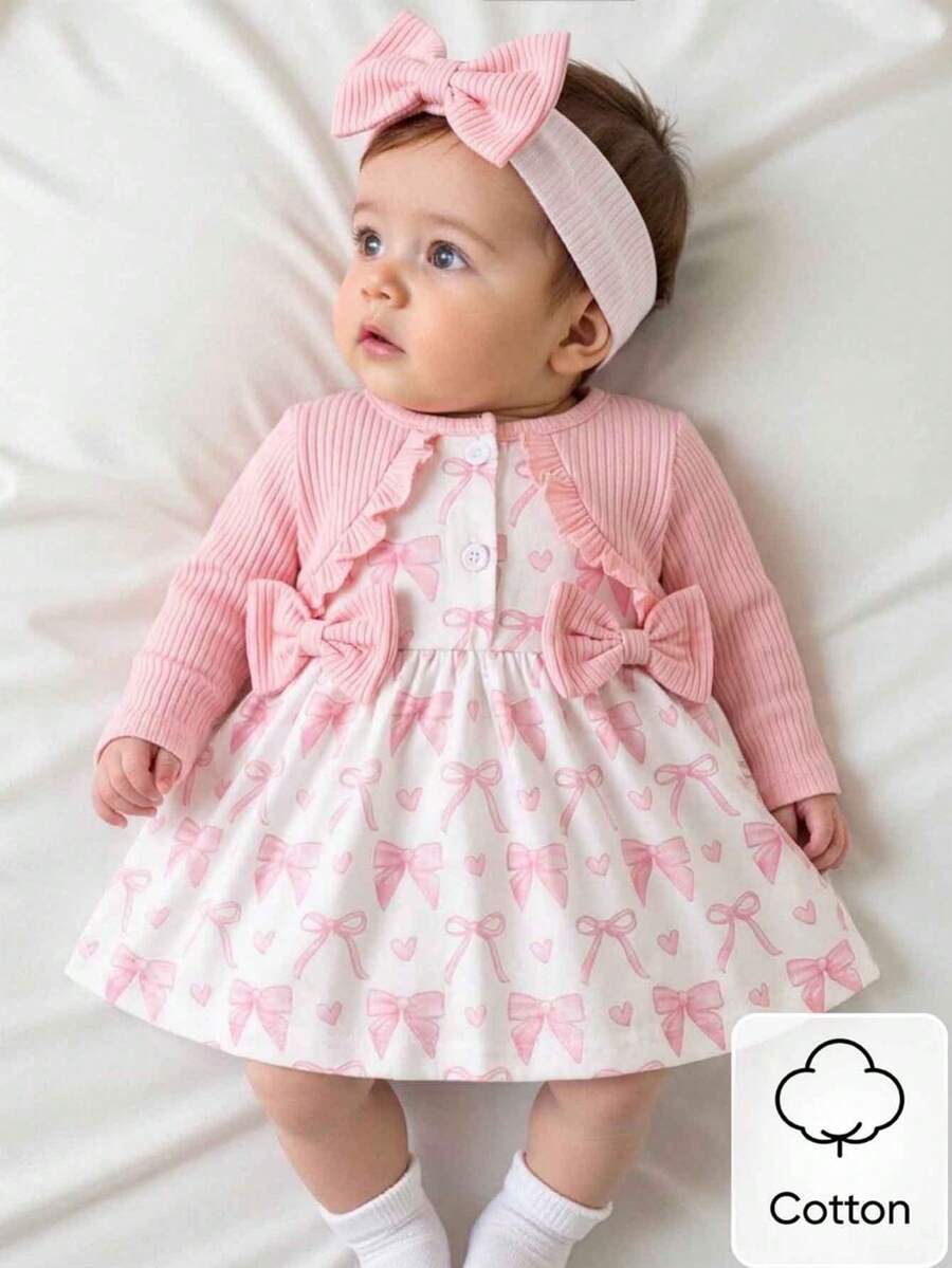 Baby Floral Bow Dress and Headband Set for Sweet Autumn and Winter Daily Wear