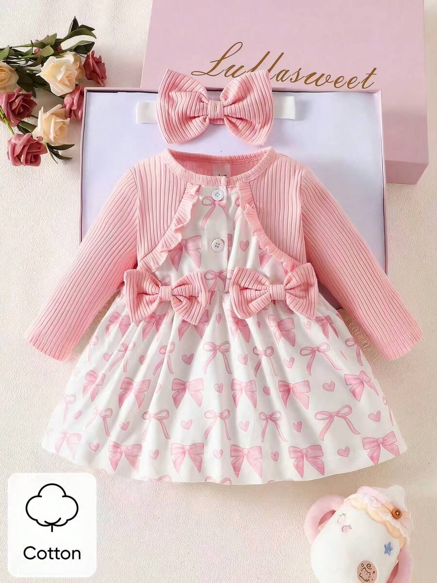 Baby Floral Bow Dress and Headband Set for Sweet Autumn and Winter Daily Wear