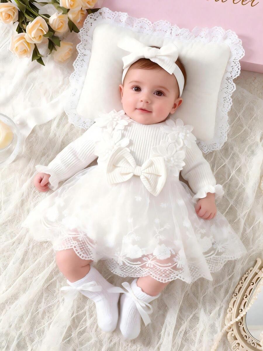 Baby Embroidered Mesh Dress and Headband Set for Elegant Outdoor Photoshoots and Special Occasions
