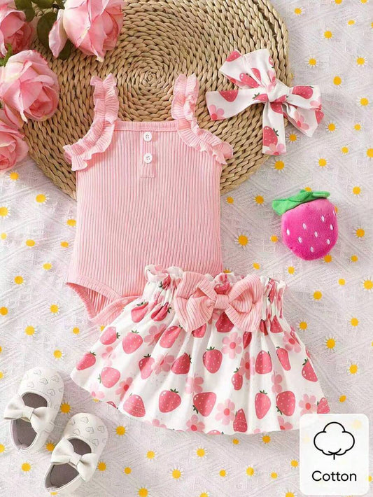 Baby Girl 2026 Summer 3pcs Buttoned Bodysuit and Lemon Skirt Set with Headband