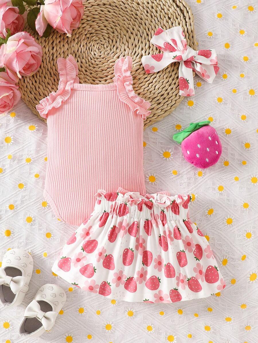 Baby Girl 2026 Summer 3pcs Buttoned Bodysuit and Lemon Skirt Set with Headband