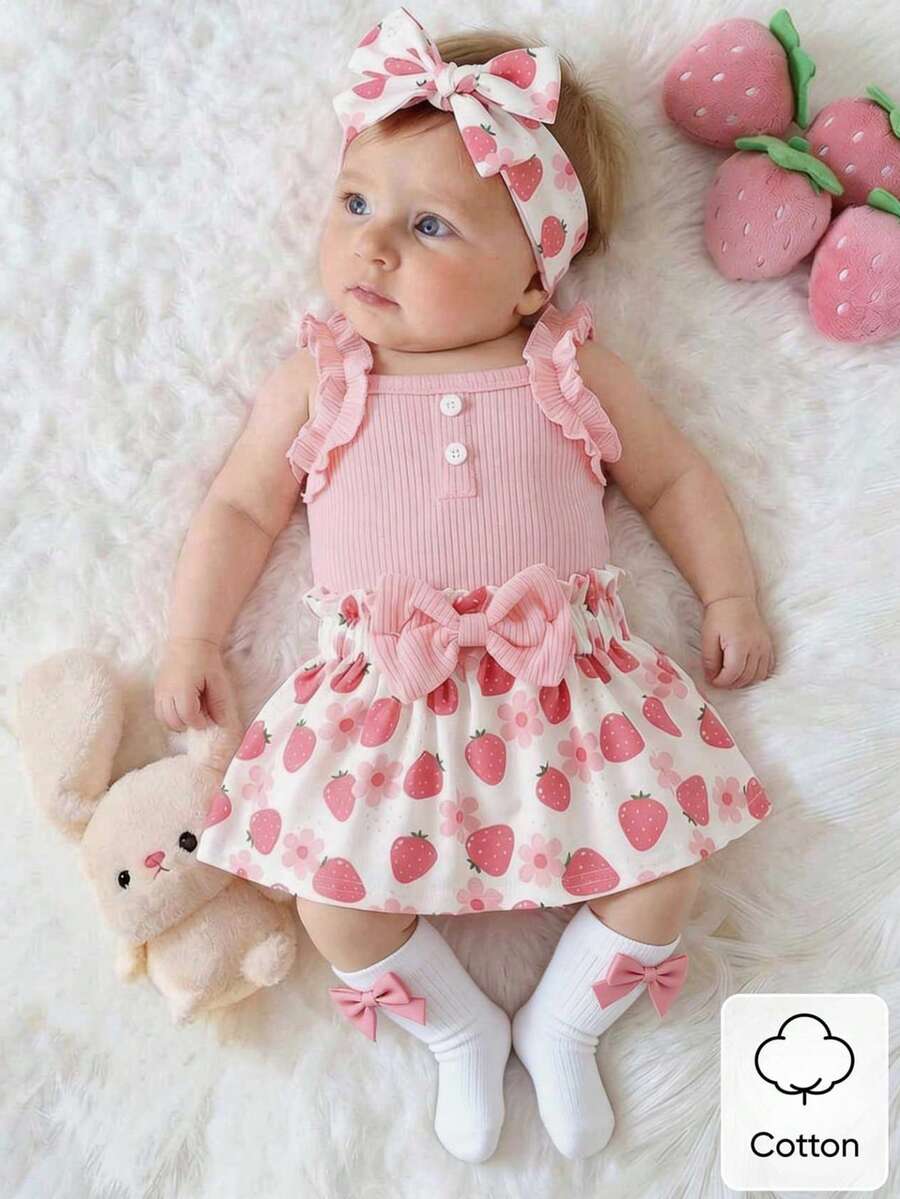 Baby Girl 2026 Summer 3pcs Buttoned Bodysuit and Lemon Skirt Set with Headband