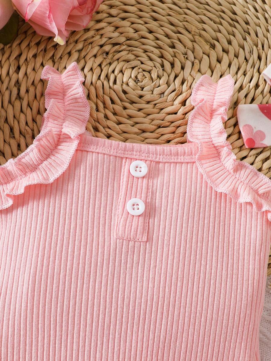 Baby Girl 2026 Summer 3pcs Buttoned Bodysuit and Lemon Skirt Set with Headband