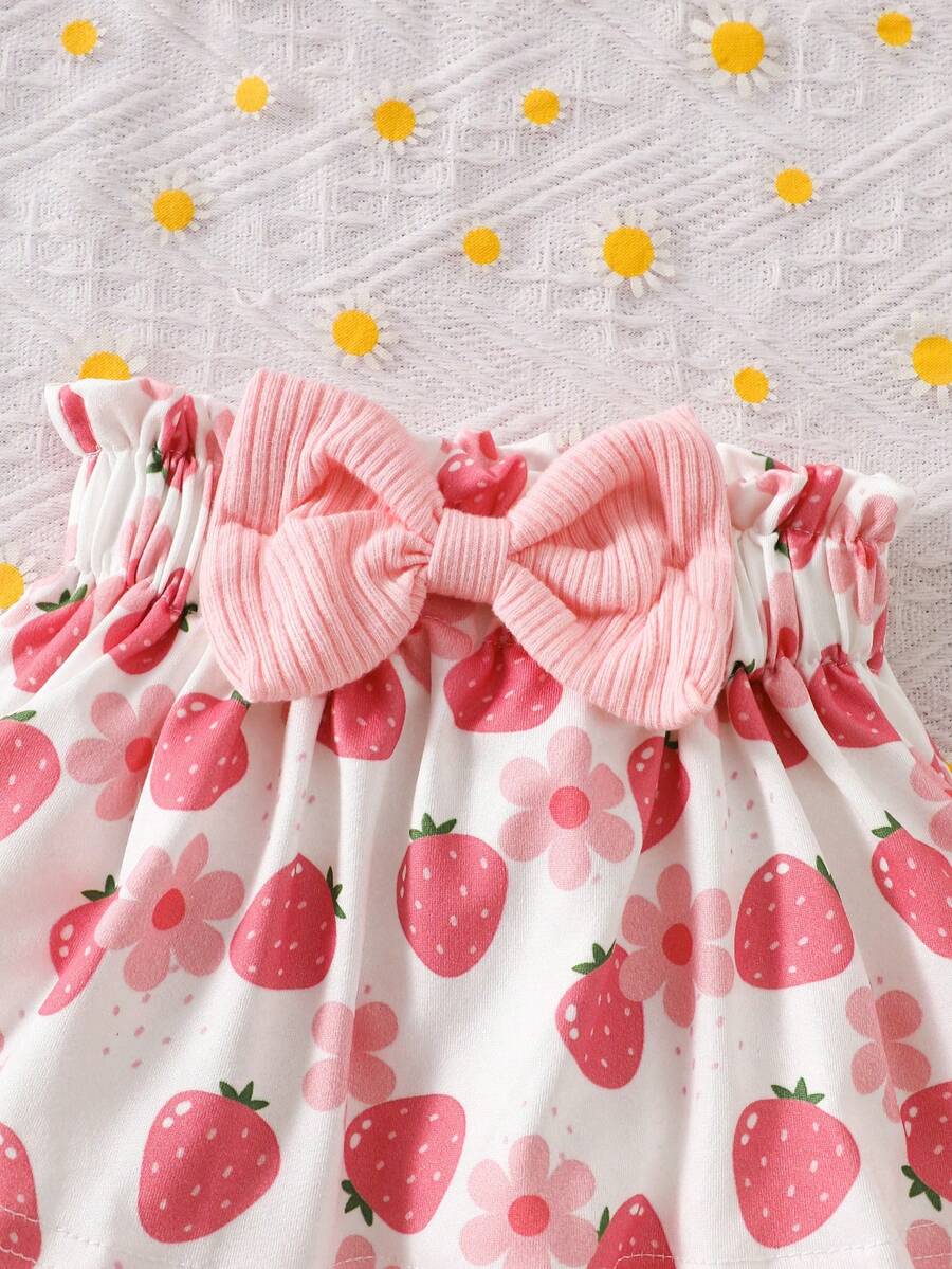 Baby Girl 2026 Summer 3pcs Buttoned Bodysuit and Lemon Skirt Set with Headband