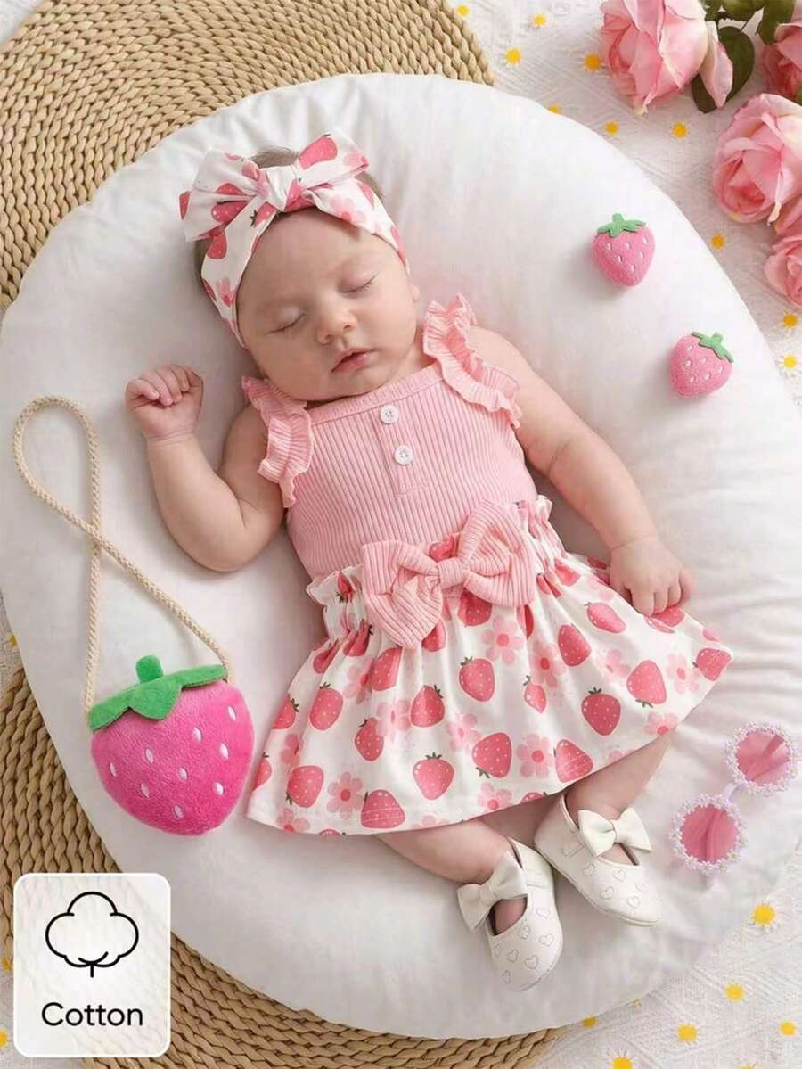 Baby Girl 2026 Summer 3pcs Buttoned Bodysuit and Lemon Skirt Set with Headband