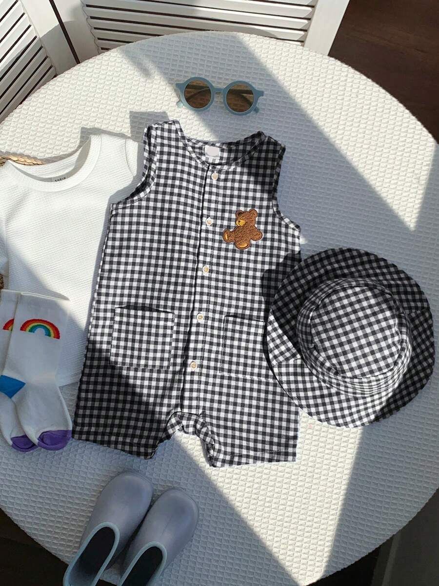 Unisex Baby Green White Striped Sleeveless Jumpsuit and Bucket Hat 2 Piece Summer Vacation Outfit Set