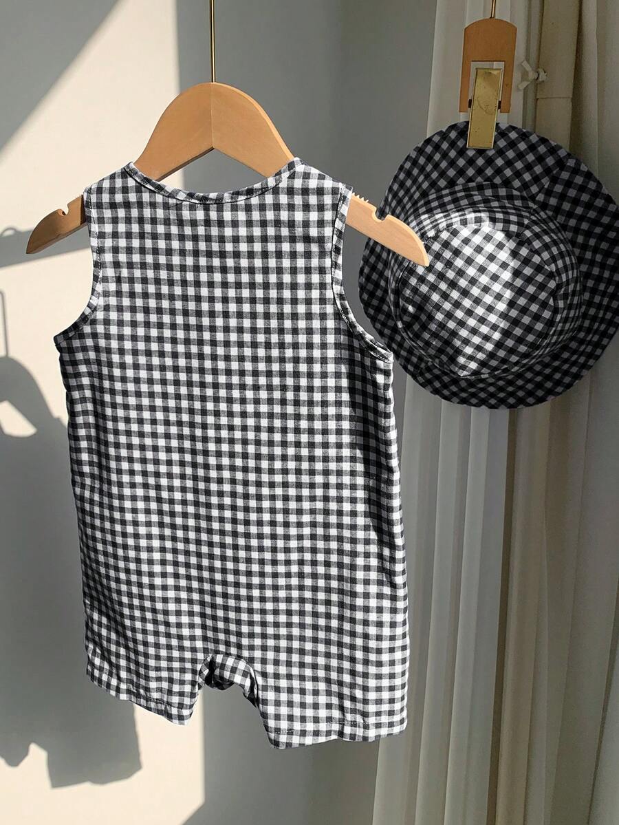 Unisex Baby Green White Striped Sleeveless Jumpsuit and Bucket Hat 2 Piece Summer Vacation Outfit Set