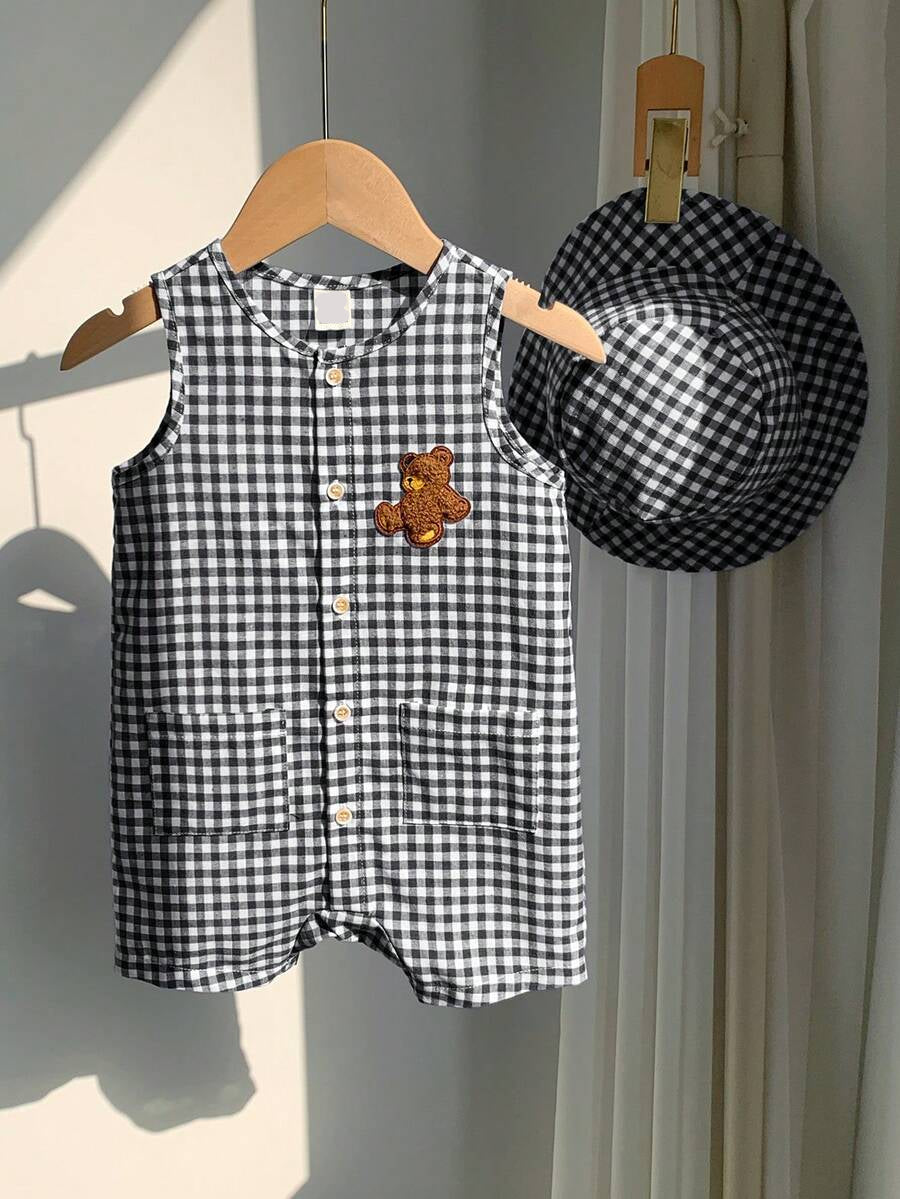 Unisex Baby Green White Striped Sleeveless Jumpsuit and Bucket Hat 2 Piece Summer Vacation Outfit Set