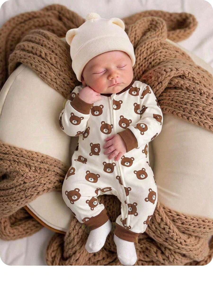 Cute Cartoon Bear Print Baby Zipper Romper for Newborn Boys and Girls
