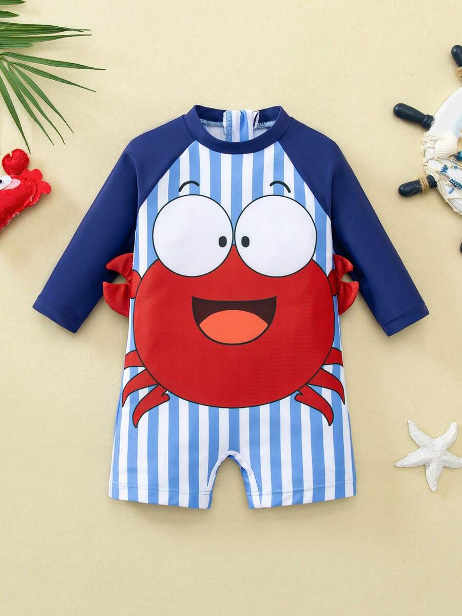 Baby Striped Dolphin Print One-Piece Swimsuit for Beach Vacation and Pool Days