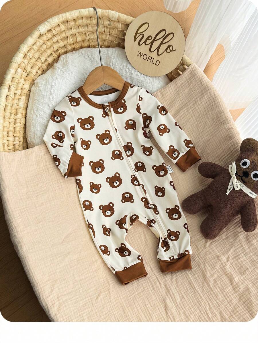 Cute Cartoon Bear Print Baby Zipper Romper for Newborn Boys and Girls