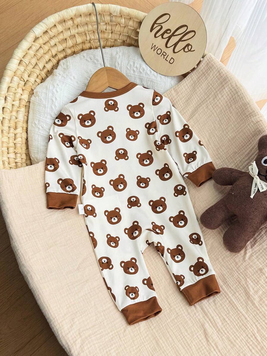 Cute Cartoon Bear Print Baby Zipper Romper for Newborn Boys and Girls