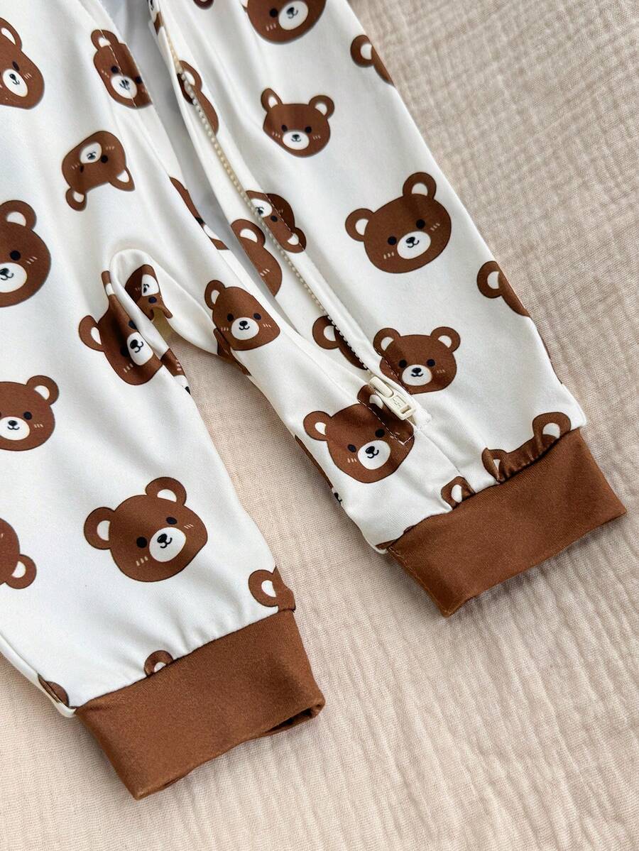 Cute Cartoon Bear Print Baby Zipper Romper for Newborn Boys and Girls