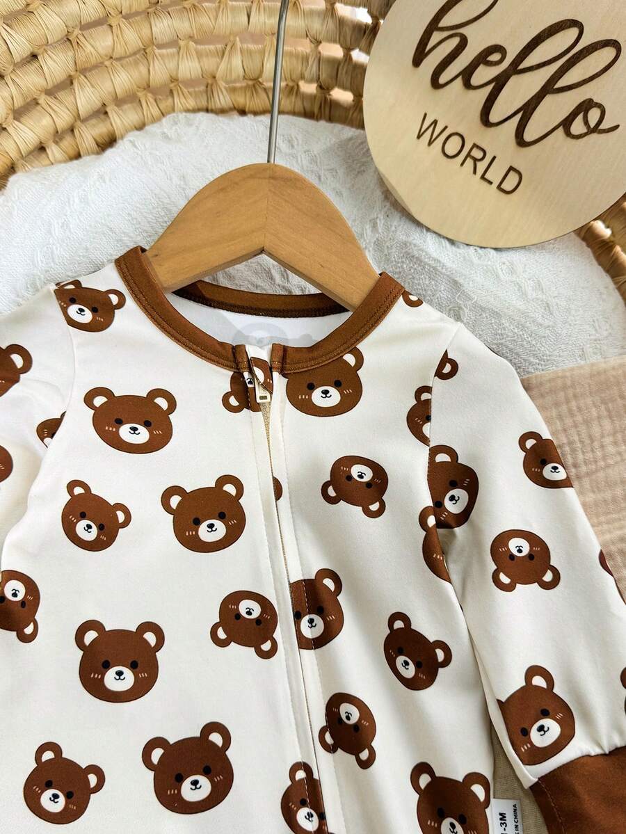 Cute Cartoon Bear Print Baby Zipper Romper for Newborn Boys and Girls