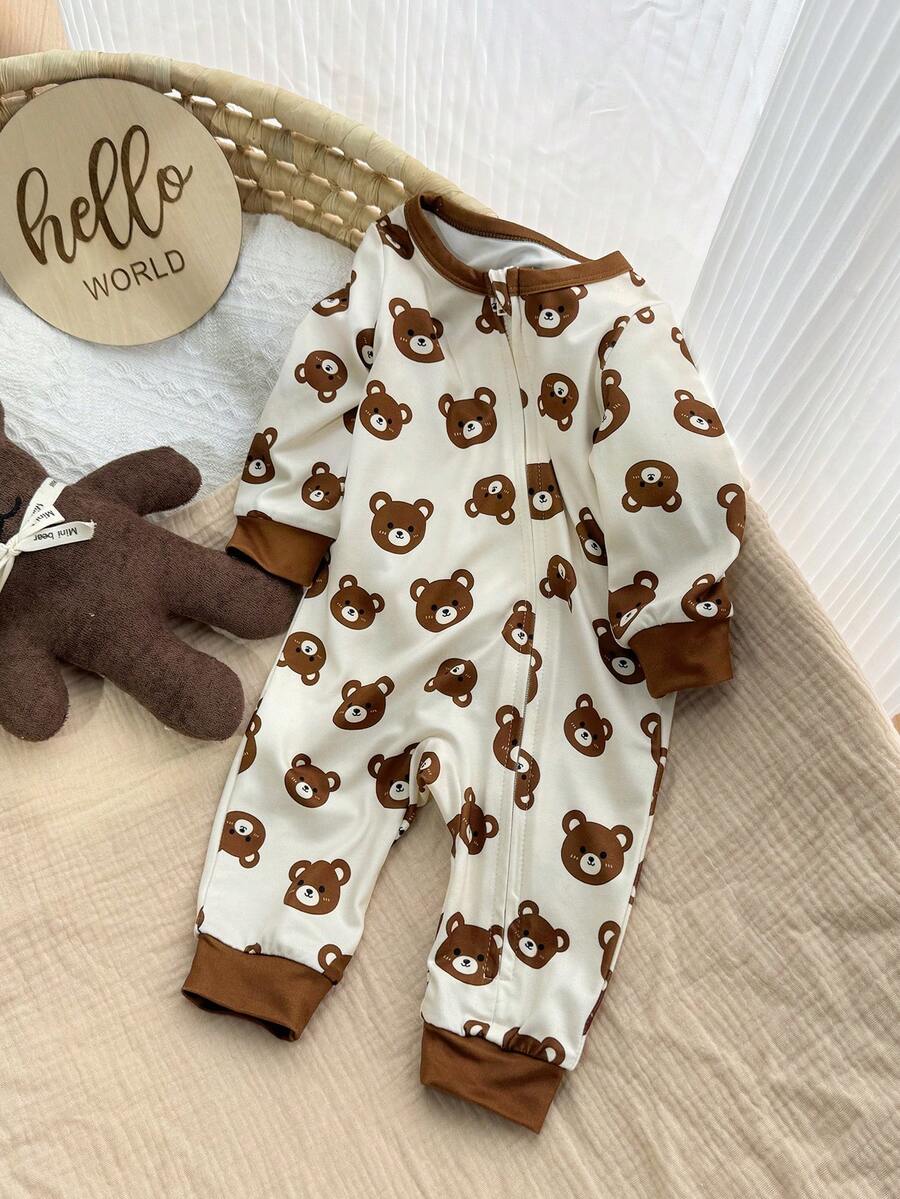 Cute Cartoon Bear Print Baby Zipper Romper for Newborn Boys and Girls