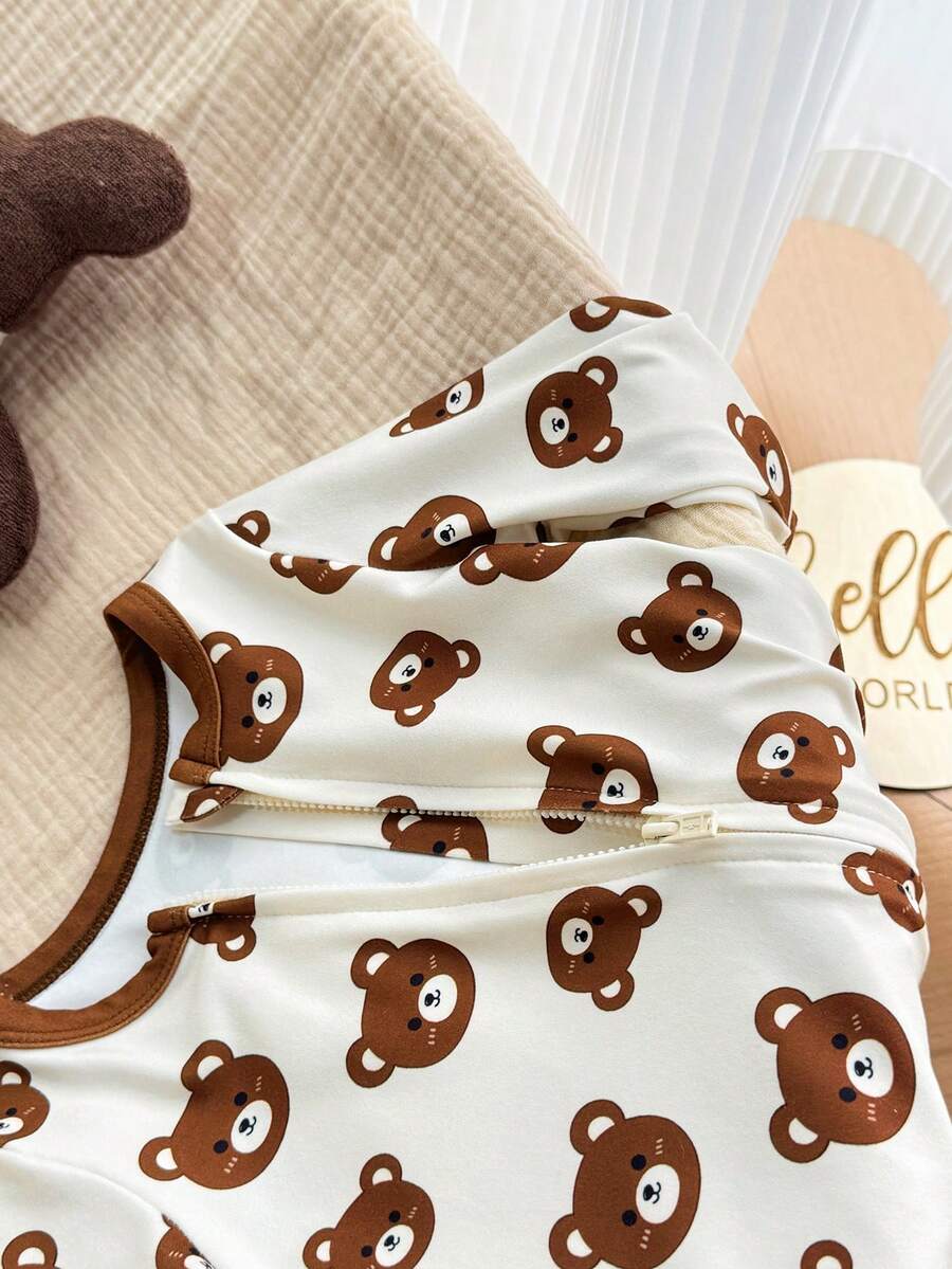 Cute Cartoon Bear Print Baby Zipper Romper for Newborn Boys and Girls