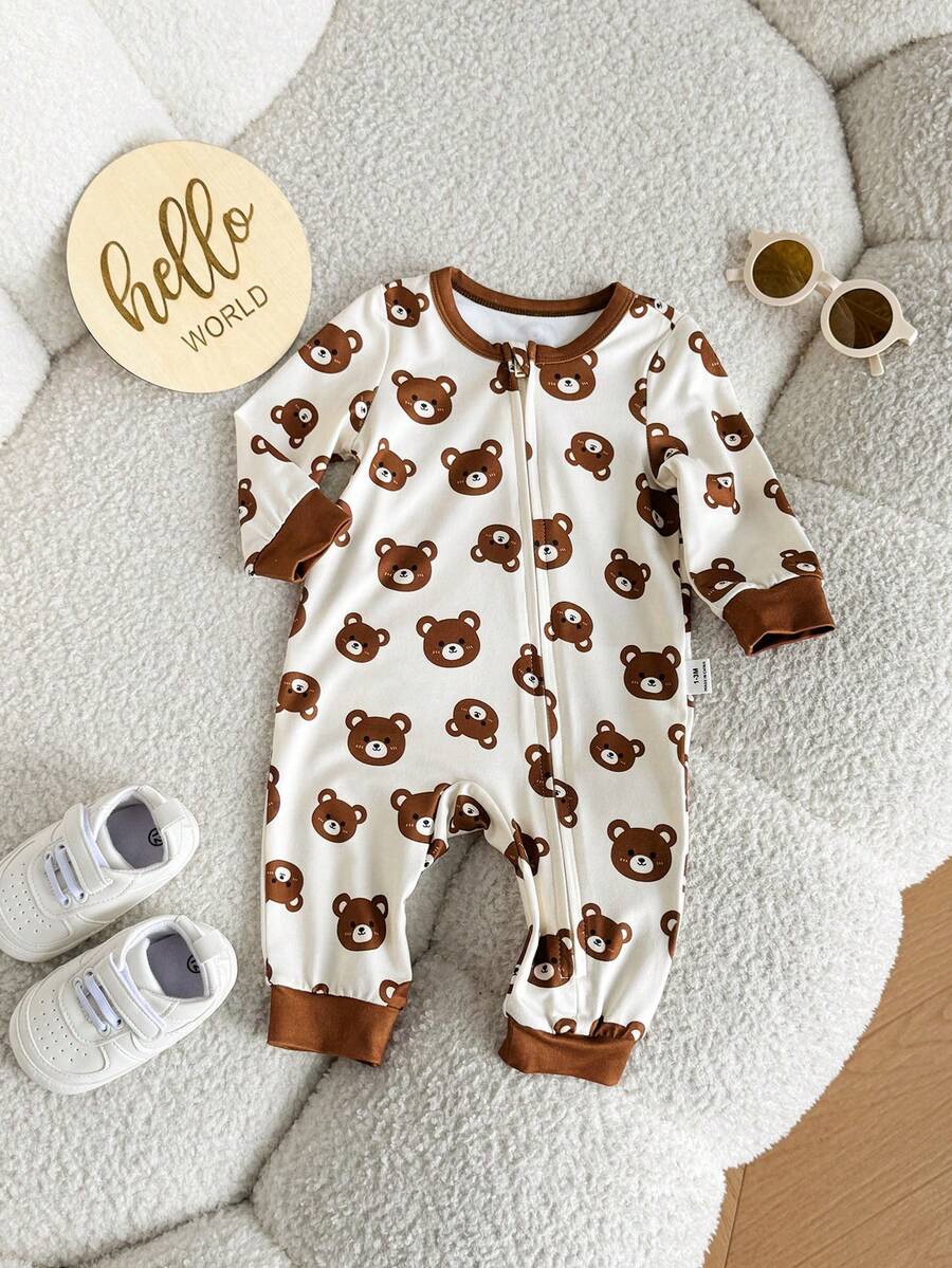 Cute Cartoon Bear Print Baby Zipper Romper for Newborn Boys and Girls