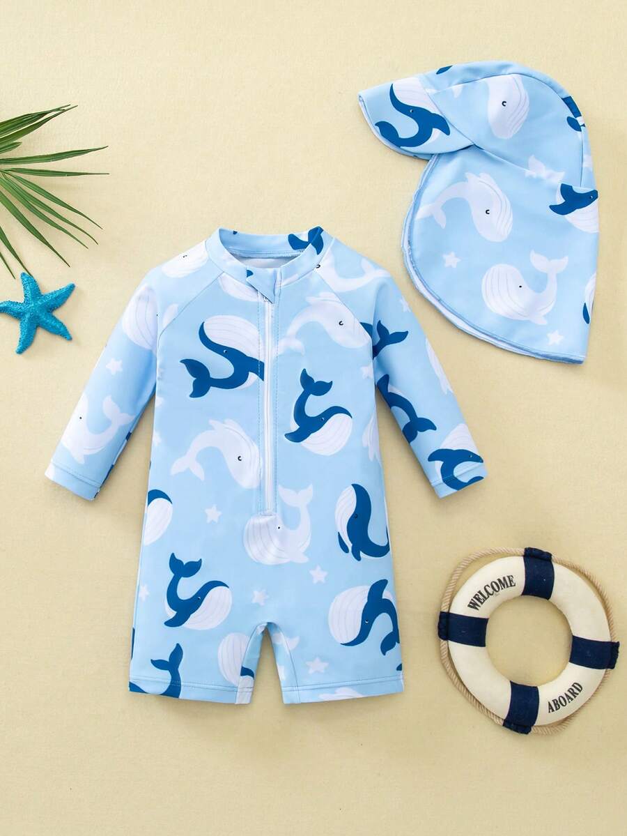 Baby Striped Dolphin Print One-Piece Swimsuit for Beach Vacation and Pool Days