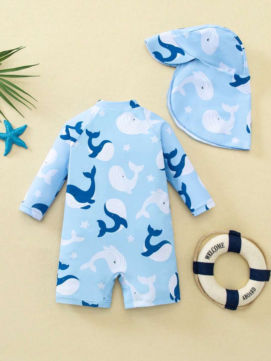 Baby Striped Dolphin Print One-Piece Swimsuit for Beach Vacation and Pool Days