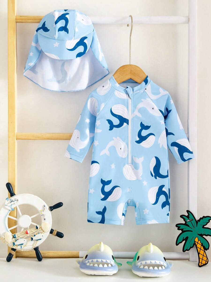 Baby Striped Dolphin Print One-Piece Swimsuit for Beach Vacation and Pool Days