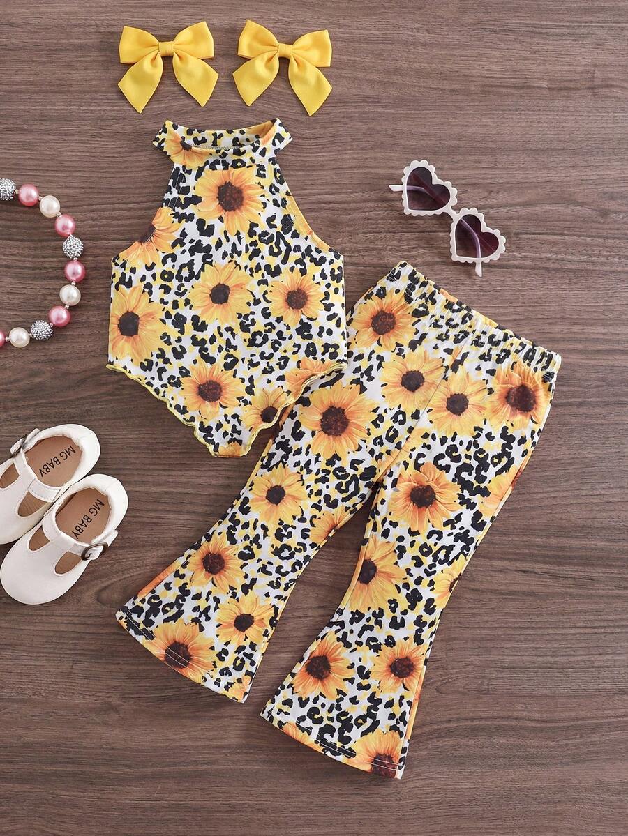Heart Pattern Halter Top And Flared Pants Set For Baby Girls Valentine Outfit