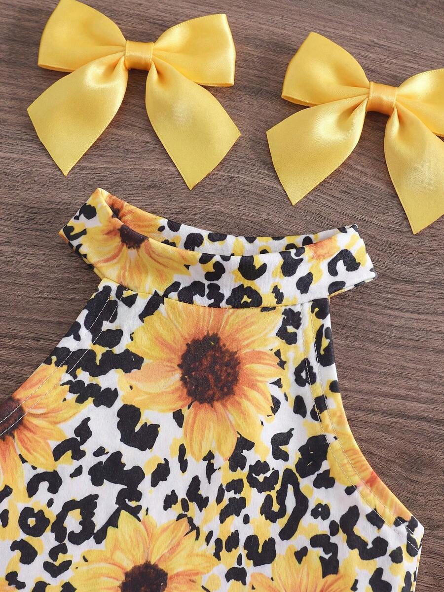 Heart Pattern Halter Top And Flared Pants Set For Baby Girls Valentine Outfit