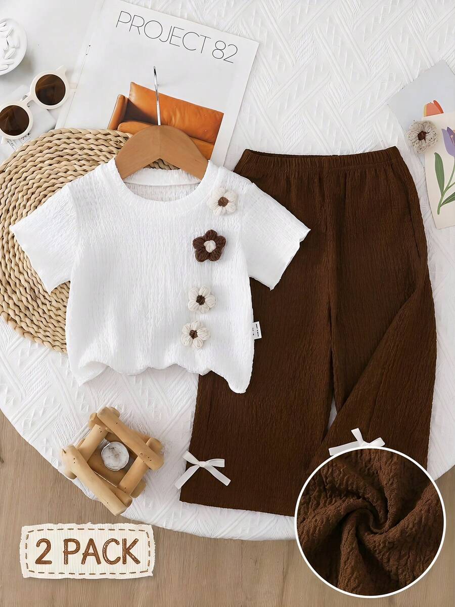 3D Floral T Shirt And Plaid Pants Set For Baby Girls Casual Cute Outfit