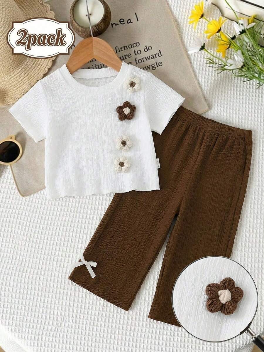 3D Floral T Shirt And Plaid Pants Set For Baby Girls Casual Cute Outfit