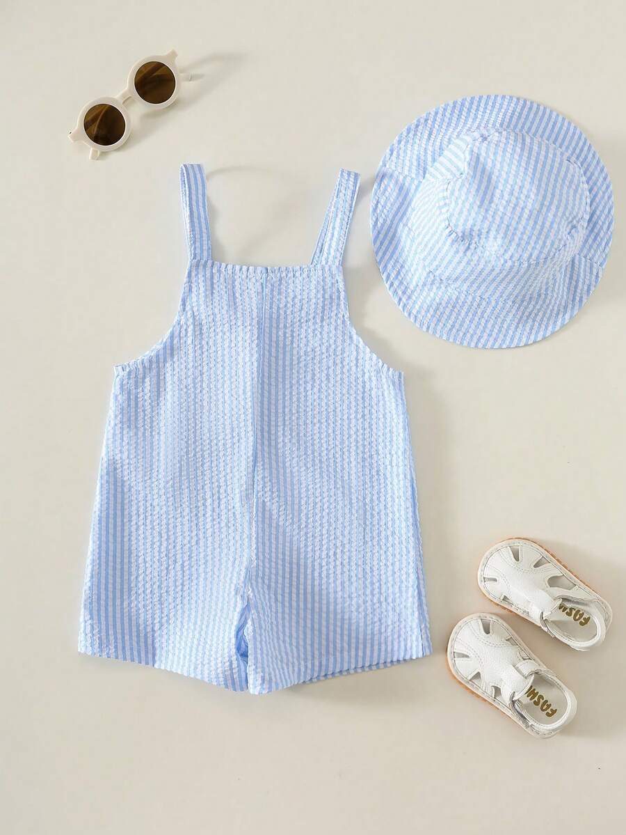 Baby Striped Bib Overalls and Bucket Hat 2 Piece Casual Summer Beach Outfit Set