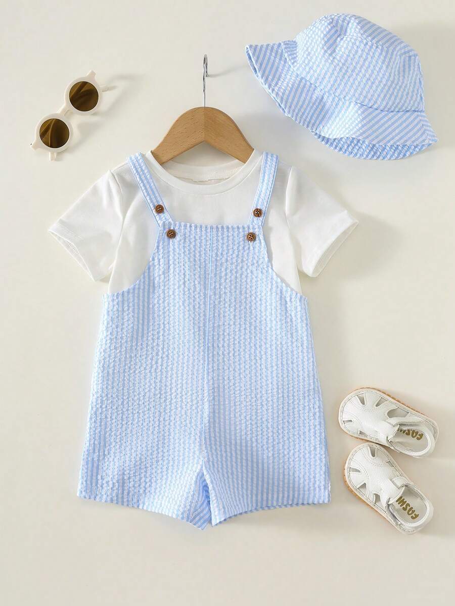 Baby Striped Bib Overalls and Bucket Hat 2 Piece Casual Summer Beach Outfit Set