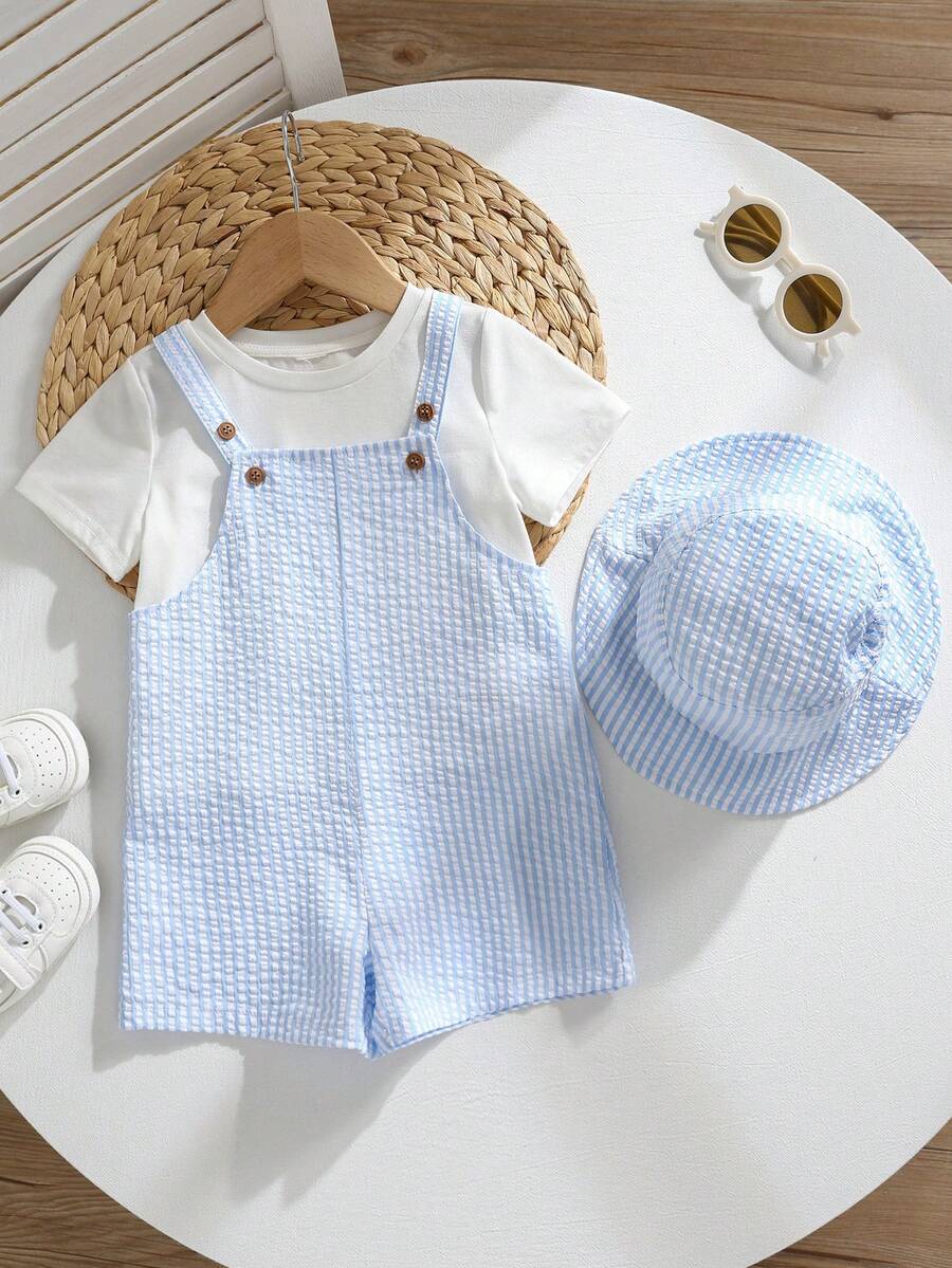 Baby Striped Bib Overalls and Bucket Hat 2 Piece Casual Summer Beach Outfit Set