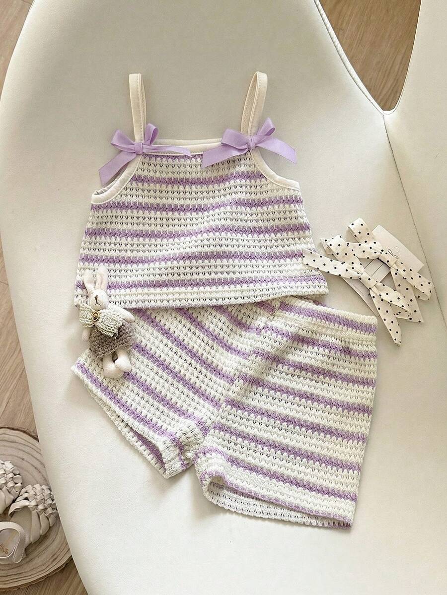 Striped Knit Camisole And Shorts Set For Baby Girls Summer Vacation Wear