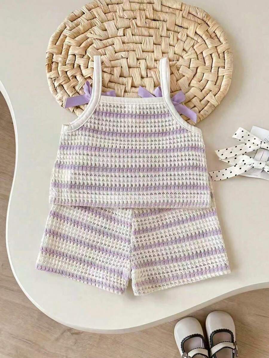 Striped Knit Camisole And Shorts Set For Baby Girls Summer Vacation Wear