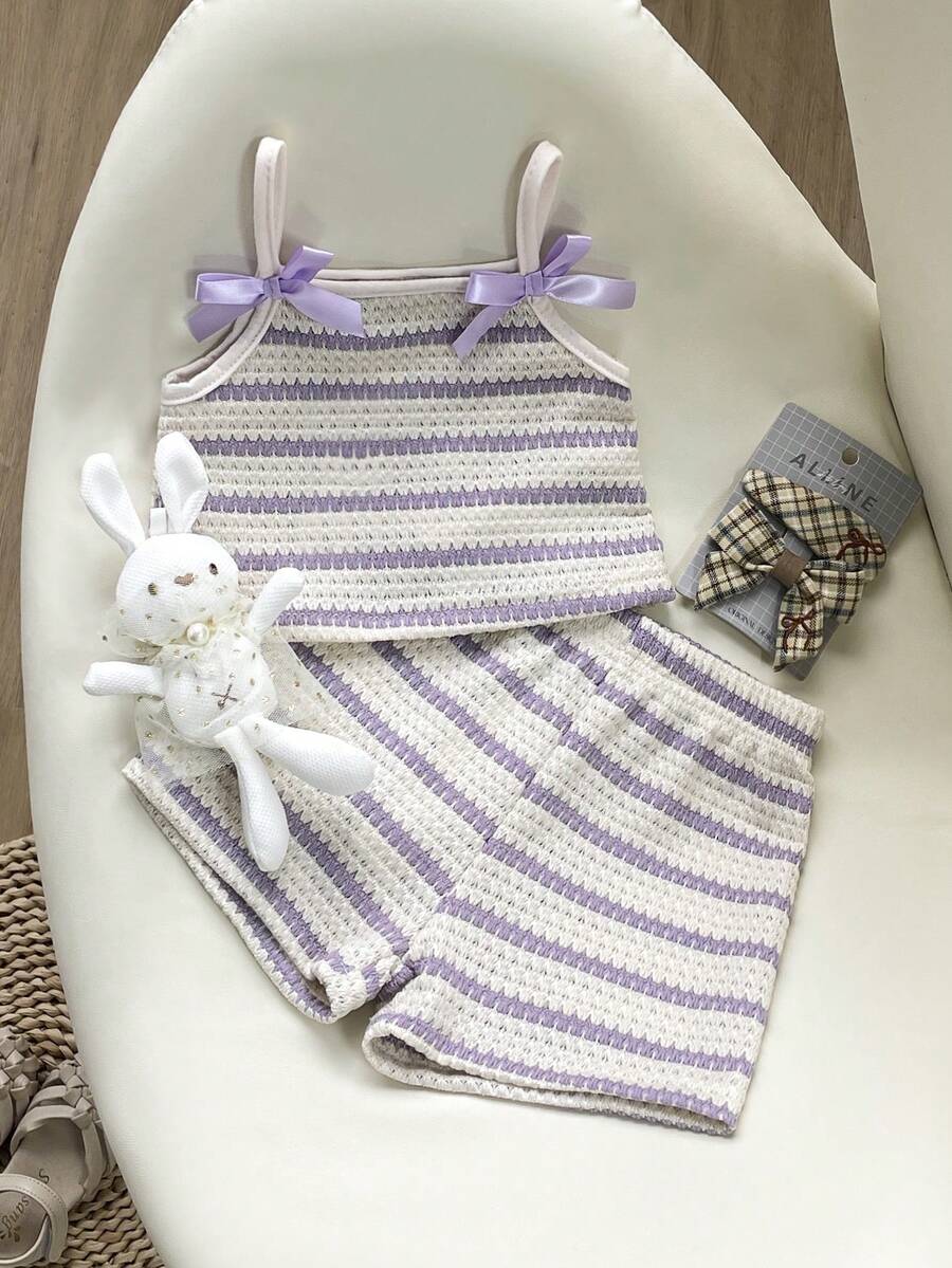 Striped Knit Camisole And Shorts Set For Baby Girls Summer Vacation Wear