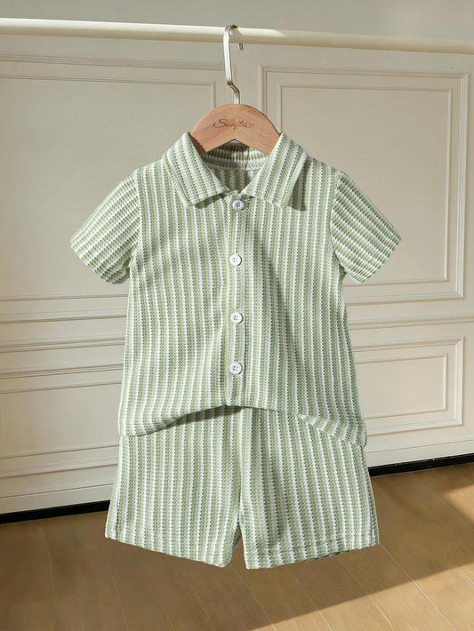 Infant Baby Boy Green White Striped Waffle Knit Polo Shirt and Shorts 2 Piece Casual Outfit Set